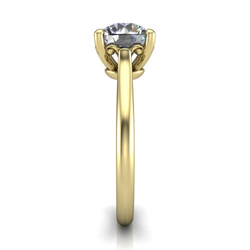 Margaret round classic solitaire engagement ring in 18K Yellow Gold, side profile showing the plain polished band and the openwork filigree gallery in profile