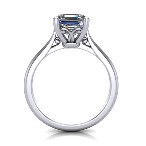 Margaret square emerald classic solitaire engagement ring in Platinum, through-finger front profile showing the filigree basket beneath the square emerald center
