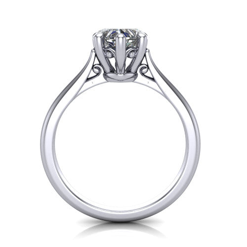 Margaret heart classic solitaire engagement ring in 14K White Gold, through-finger front profile showing the filigree basket beneath the heart center