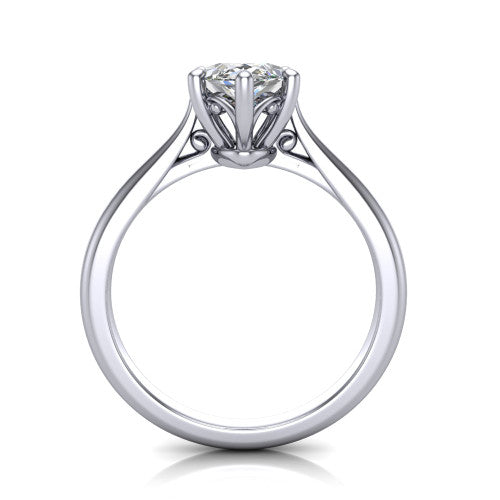 Margaret marquise classic solitaire engagement ring in 18K White Gold, through-finger front profile showing the filigree basket beneath the marquise center