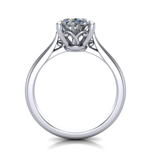 Margaret oval classic solitaire engagement ring in 18K White Gold, through-finger front profile showing the filigree basket beneath the oval center