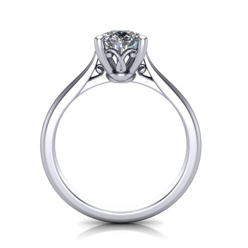 Margaret pear classic solitaire engagement ring in 18K White Gold, through-finger front profile showing the filigree basket beneath the pear center