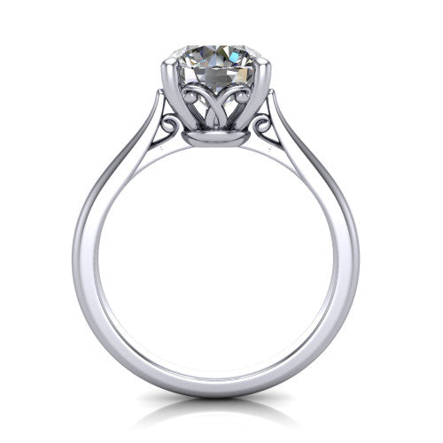 Margaret round classic solitaire engagement ring in Platinum, through-finger front profile showing the filigree basket beneath the round center