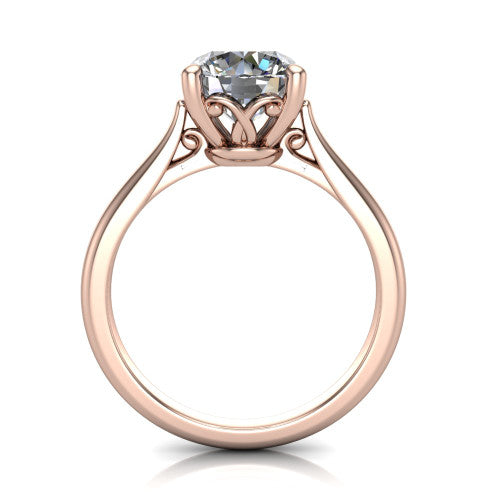 Margaret round classic solitaire engagement ring in 14K Rose Gold, through-finger front profile showing the filigree basket beneath the round center