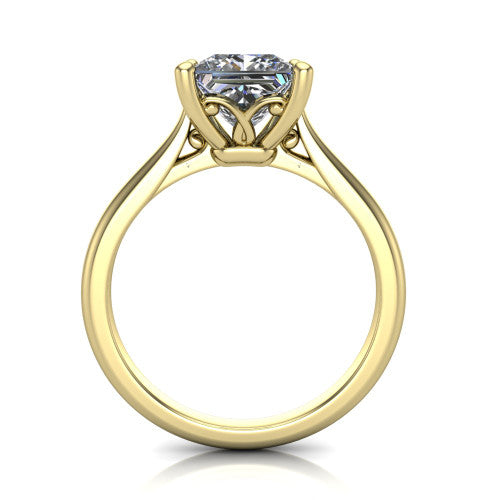 Margaret princess classic solitaire engagement ring in 14K Yellow Gold, through-finger front profile showing the filigree basket beneath the princess center