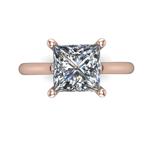 Margaret princess classic solitaire engagement ring in 14K Rose Gold, top-down view showing the four-prong princess solitaire center