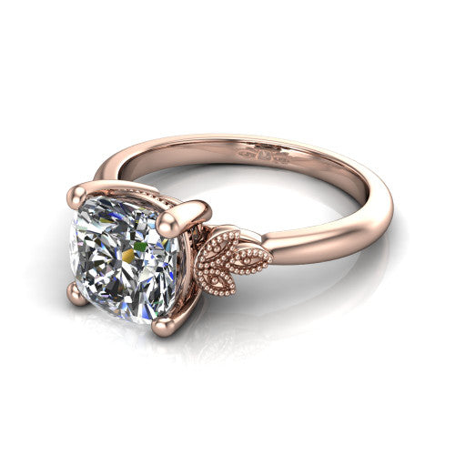 Athena cushion vintage solitaire engagement ring in 18K Rose Gold, three-quarter perspective showing the cushion center on claw prongs above a plain band with fleur-de-lis filigree accents