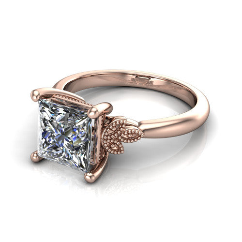 Athena princess vintage solitaire engagement ring in 14K Rose Gold, three-quarter perspective showing the princess center on claw prongs above a plain band with fleur-de-lis filigree accents