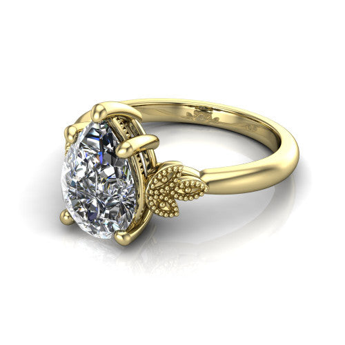 Athena pear vintage solitaire engagement ring in 14K Yellow Gold, three-quarter perspective showing the pear center on claw prongs above a plain band with fleur-de-lis filigree accents