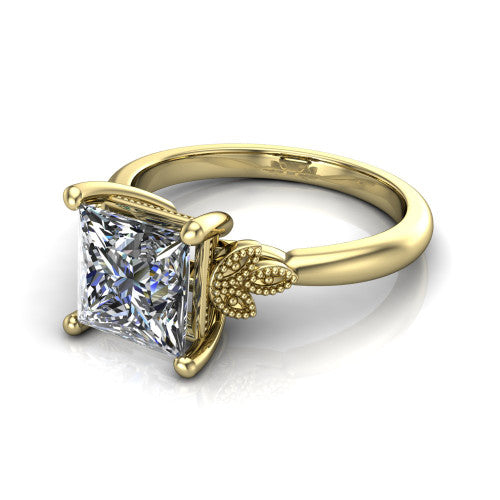 Athena princess vintage solitaire engagement ring in 14K Yellow Gold, three-quarter perspective showing the princess center on claw prongs above a plain band with fleur-de-lis filigree accents