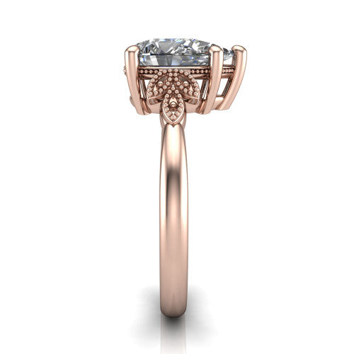 Athena pear vintage solitaire engagement ring in 14K Rose Gold, side profile showing the fleur-de-lis filigree accents, milgrain detail, and plain band in profile