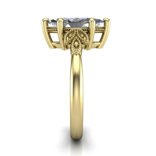 Athena marquise vintage solitaire engagement ring in 14K Yellow Gold, side profile showing the fleur-de-lis filigree accents, milgrain detail, and plain band in profile