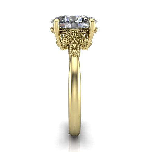Athena oval vintage solitaire engagement ring in 14K Yellow Gold, side profile showing the fleur-de-lis filigree accents, milgrain detail, and plain band in profile