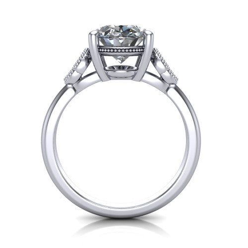 Athena oval vintage solitaire engagement ring in 14K White Gold, through-finger front profile showing the filigree gallery beneath the oval center