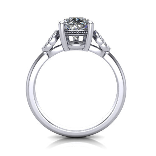 Athena pear vintage solitaire engagement ring in Platinum, through-finger front profile showing the filigree gallery beneath the pear center