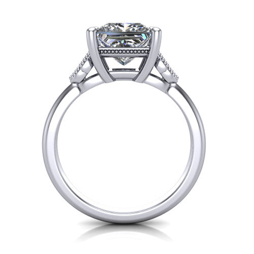 Athena princess vintage solitaire engagement ring in 14K White Gold, through-finger front profile showing the filigree gallery beneath the princess center