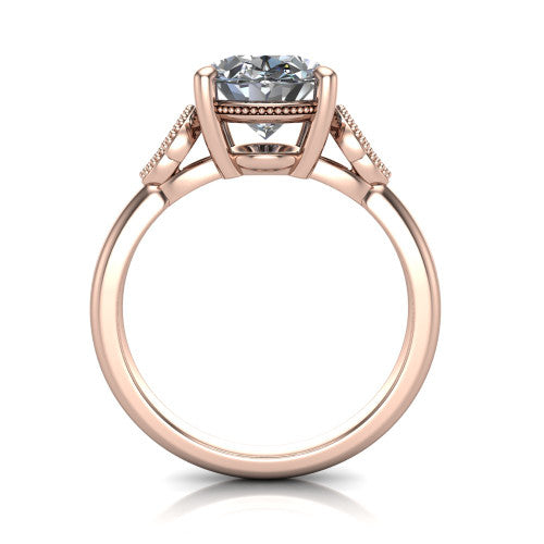 Athena oval vintage solitaire engagement ring in 18K Rose Gold, through-finger front profile showing the filigree gallery beneath the oval center
