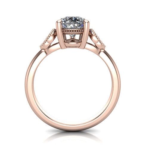Athena pear vintage solitaire engagement ring in 14K Rose Gold, through-finger front profile showing the filigree gallery beneath the pear center