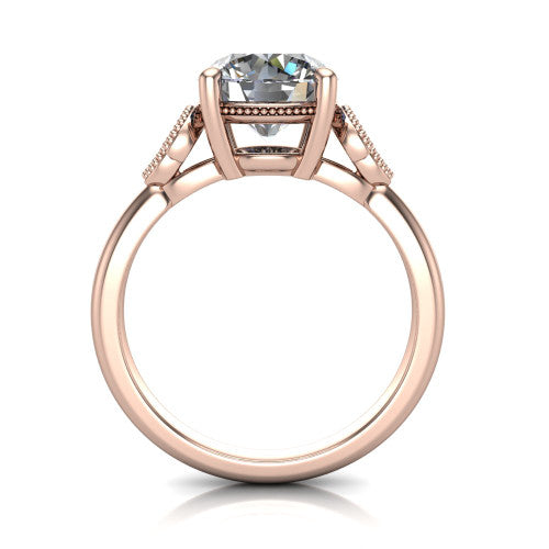 Athena round vintage solitaire engagement ring in 14K Rose Gold, through-finger front profile showing the filigree gallery beneath the round center