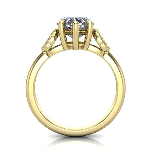 Athena heart vintage solitaire engagement ring in 18K Yellow Gold, through-finger front profile showing the filigree gallery beneath the heart center