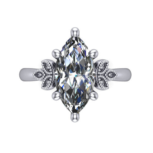 Athena marquise vintage solitaire engagement ring in Platinum, top-down view showing the marquise solitaire center and the fleur-de-lis filigree flanking the head