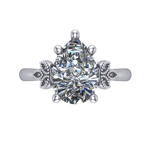 Athena pear vintage solitaire engagement ring in Platinum, top-down view showing the pear solitaire center and the fleur-de-lis filigree flanking the head