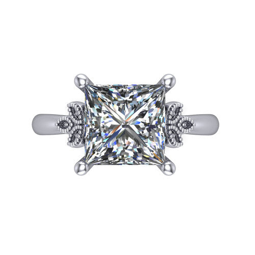 Athena princess vintage solitaire engagement ring in 18K White Gold, top-down view showing the princess solitaire center and the fleur-de-lis filigree flanking the head