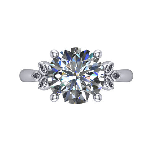 Athena round vintage solitaire engagement ring in 14K White Gold, top-down view showing the round solitaire center and the fleur-de-lis filigree flanking the head