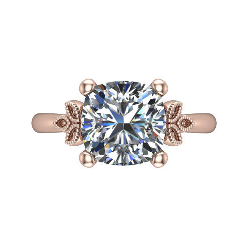 Athena cushion vintage solitaire engagement ring in 14K Rose Gold, top-down view showing the cushion solitaire center and the fleur-de-lis filigree flanking the head