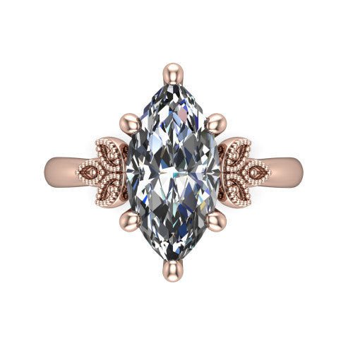 Athena marquise vintage solitaire engagement ring in 14K Rose Gold, top-down view showing the marquise solitaire center and the fleur-de-lis filigree flanking the head