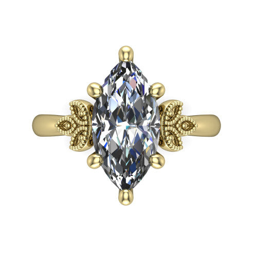 Athena marquise vintage solitaire engagement ring in 14K Yellow Gold, top-down view showing the marquise solitaire center and the fleur-de-lis filigree flanking the head