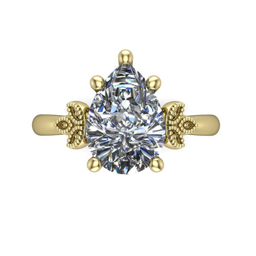 Athena pear vintage solitaire engagement ring in 18K Yellow Gold, top-down view showing the pear solitaire center and the fleur-de-lis filigree flanking the head