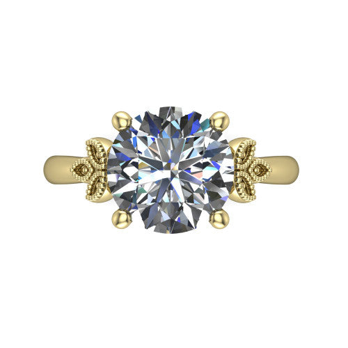 Athena round vintage solitaire engagement ring in 14K Yellow Gold, top-down view showing the round solitaire center and the fleur-de-lis filigree flanking the head