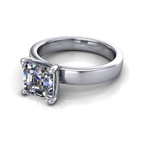 Louise square emerald classic solitaire engagement ring in 14K White Gold, three-quarter perspective showing the square emerald center on claw prongs above a wide flat polished band