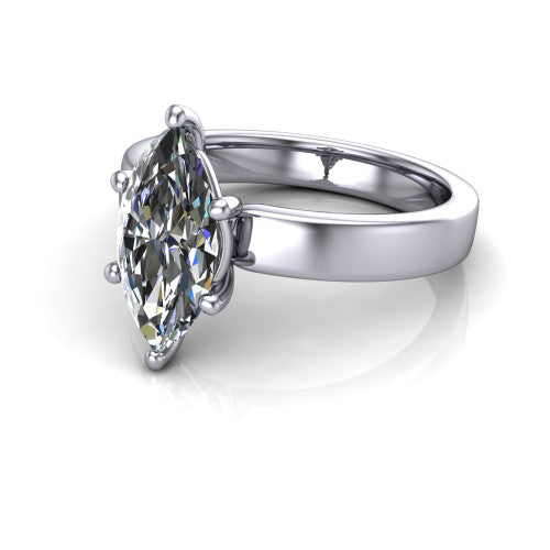 Louise marquise classic solitaire engagement ring in Platinum, three-quarter perspective showing the marquise center on claw prongs above a wide flat polished band