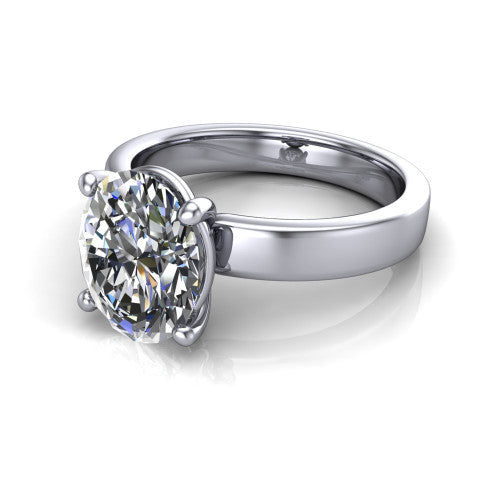 Louise oval classic solitaire engagement ring in 14K White Gold, three-quarter perspective showing the oval center on claw prongs above a wide flat polished band