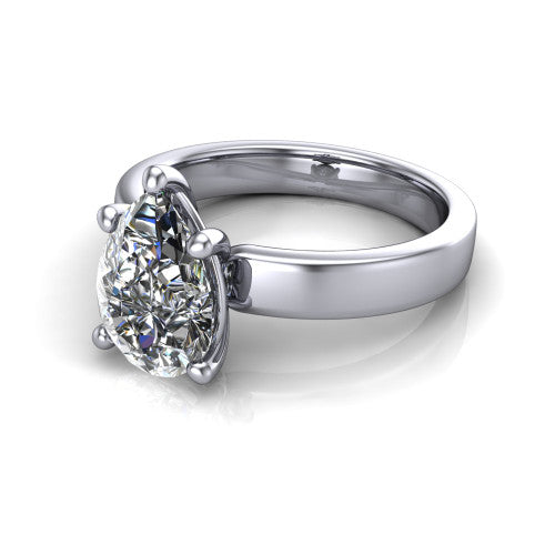Louise pear classic solitaire engagement ring in Platinum, three-quarter perspective showing the pear center on claw prongs above a wide flat polished band