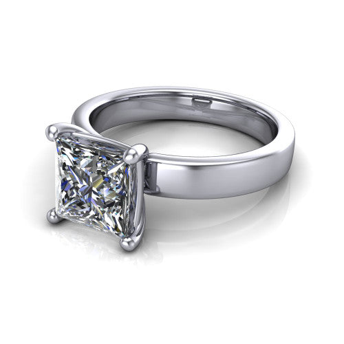 Louise princess classic solitaire engagement ring in Platinum, three-quarter perspective showing the princess center on claw prongs above a wide flat polished band