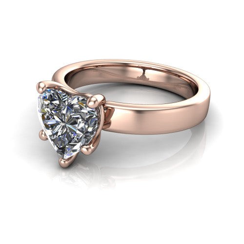 Louise heart classic solitaire engagement ring in 14K Rose Gold, three-quarter perspective showing the heart center on claw prongs above a wide flat polished band