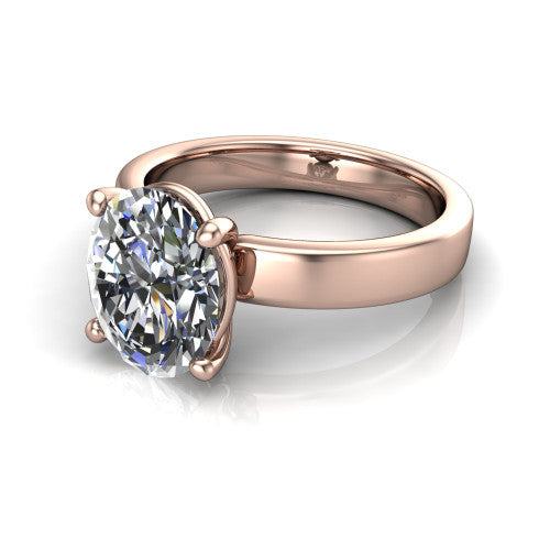 Louise oval classic solitaire engagement ring in 14K Rose Gold, three-quarter perspective showing the oval center on claw prongs above a wide flat polished band