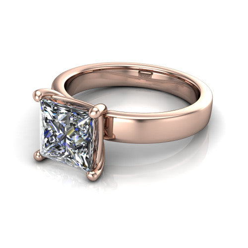 Louise princess classic solitaire engagement ring in 14K Rose Gold, three-quarter perspective showing the princess center on claw prongs above a wide flat polished band