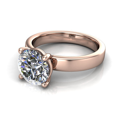 Louise round classic solitaire engagement ring in 14K Rose Gold, three-quarter perspective showing the round center on claw prongs above a wide flat polished band
