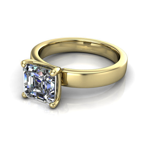 Louise square emerald classic solitaire engagement ring in 14K Yellow Gold, three-quarter perspective showing the square emerald center on claw prongs above a wide flat polished band