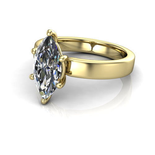 Louise marquise classic solitaire engagement ring in 18K Yellow Gold, three-quarter perspective showing the marquise center on claw prongs above a wide flat polished band