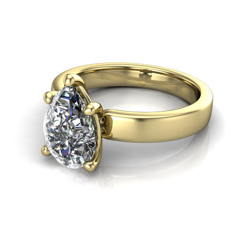 Louise pear classic solitaire engagement ring in 14K Yellow Gold, three-quarter perspective showing the pear center on claw prongs above a wide flat polished band