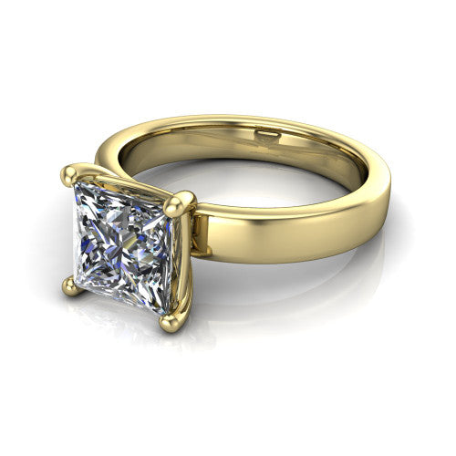 Louise princess classic solitaire engagement ring in 14K Yellow Gold, three-quarter perspective showing the princess center on claw prongs above a wide flat polished band