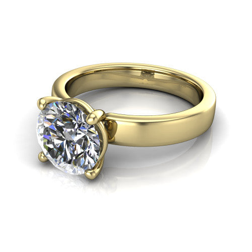 Louise round classic solitaire engagement ring in 14K Yellow Gold, three-quarter perspective showing the round center on claw prongs above a wide flat polished band