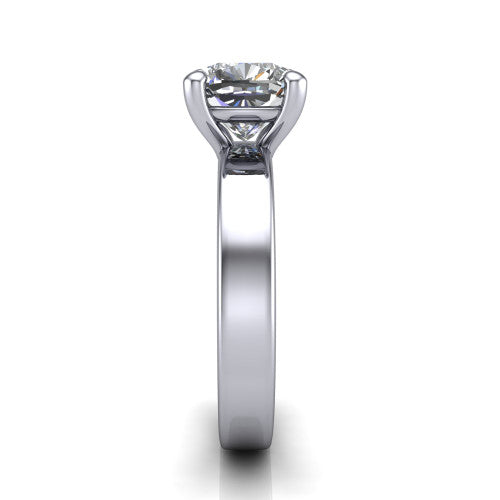 Louise cushion classic solitaire engagement ring in 18K White Gold, side profile showing the substantial flat polished band and the open basket beneath the cushion center