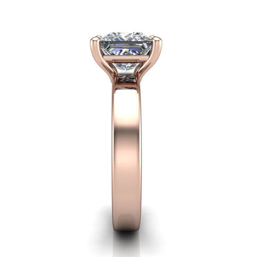 Louise princess classic solitaire engagement ring in 14K Rose Gold, side profile showing the substantial flat polished band and the open basket beneath the princess center