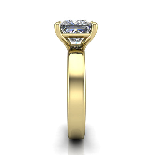Louise princess classic solitaire engagement ring in 14K Yellow Gold, side profile showing the substantial flat polished band and the open basket beneath the princess center